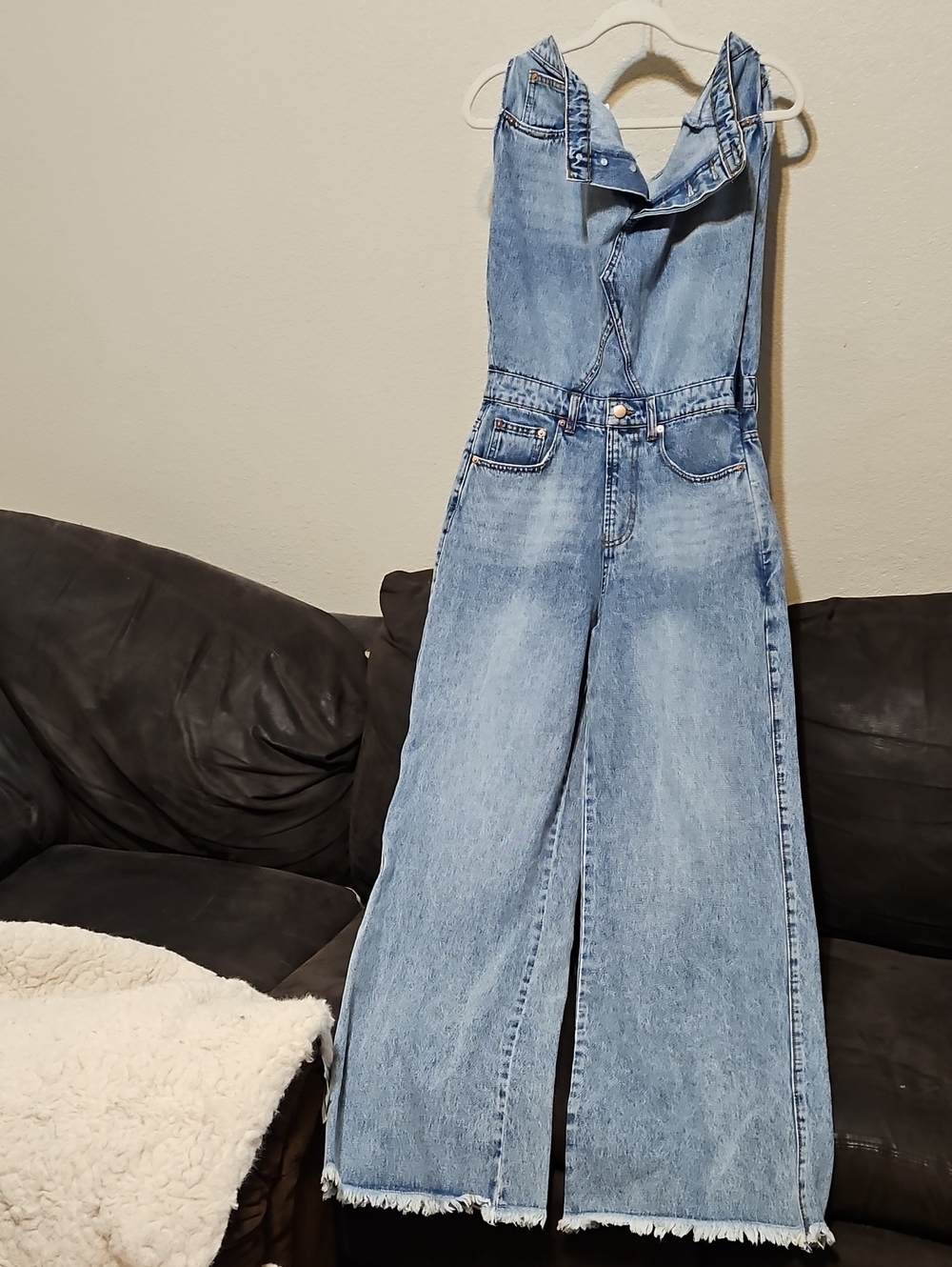 Fashion Nova Light Wash Denim Wide-Leg Jumpsuit